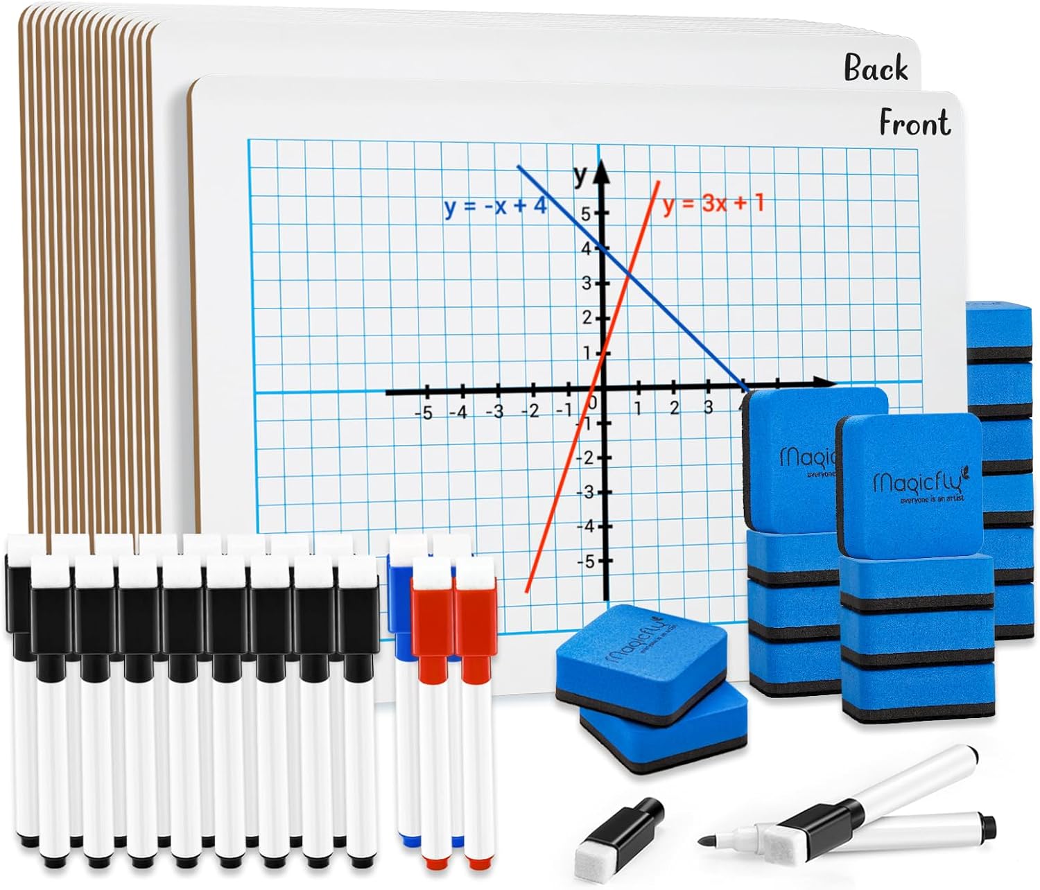 Magicfly Small White Board Grid Whiteboard Dry Erase Boards XY Axis Graph 9"x12", 16 Pack Mini Math Whiteboard Portable for Students Classroom Teachers School Supplies with 20 Pens and 16 Erasers